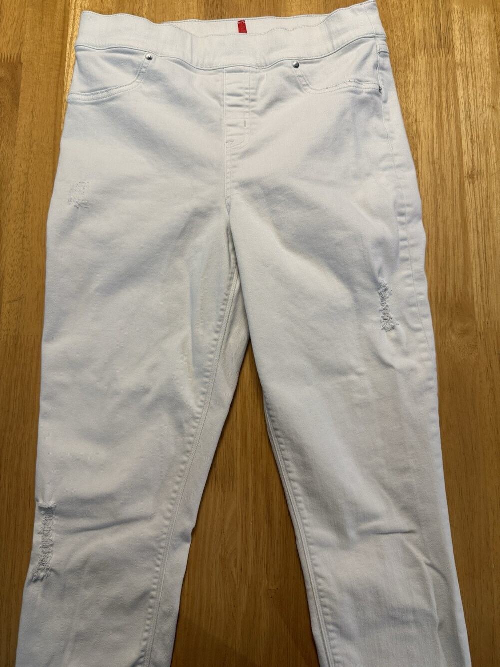 SPANX Womens Large White Distressed Skinny Jeans Pull On Raw Hem High Rise